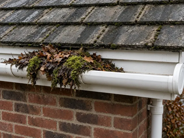 Gutter blocked with leaves and moss